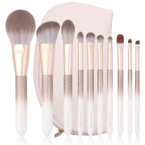 White Professional Natural Bristle Hair Makeup Brushes Set With Case - Picture 1 of 5
